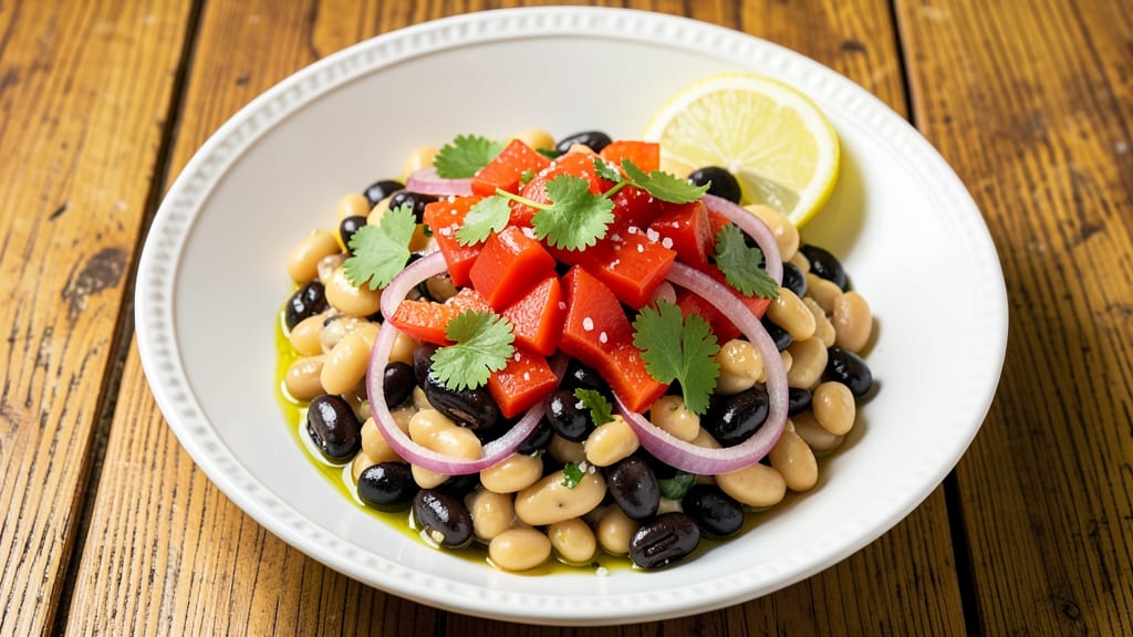 Black and White Bean Salad Recipe: Crunchy Tortilla Crowns Over Creamy Herb Base