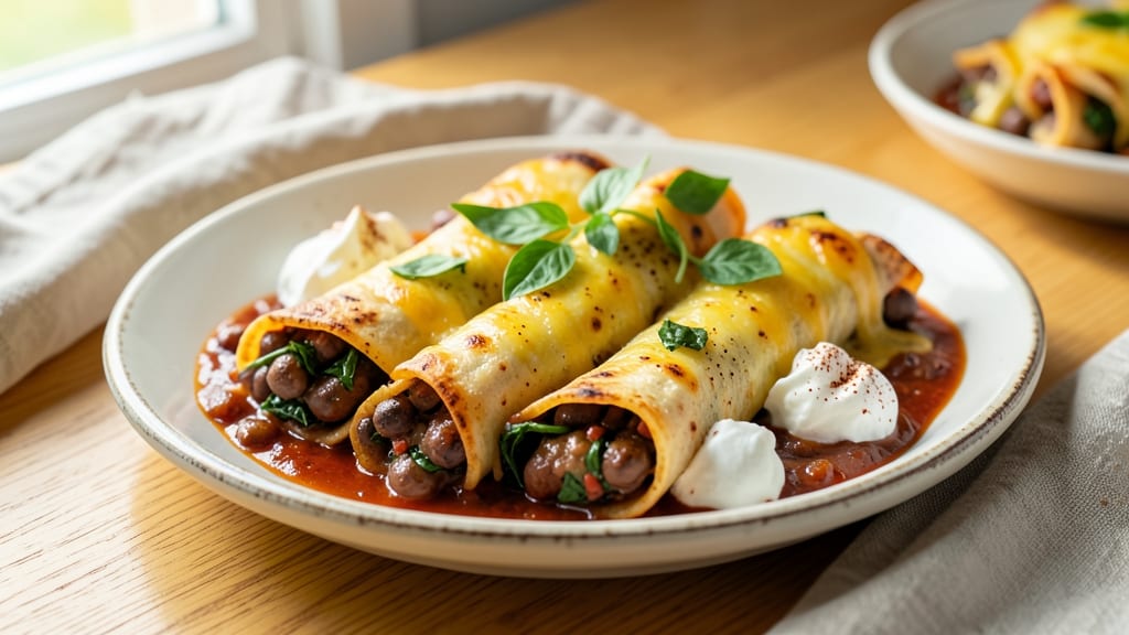 Black Bean and Spinach Enchiladas Recipe: Smoky Tortilla-Crusted Layers With Creamy Cheese Streaks