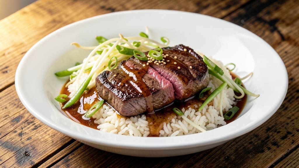 Beef Teriyaki with Bean Sprouts Recipe: Glazed Caramelized Beef Over Crunchy Sprouts