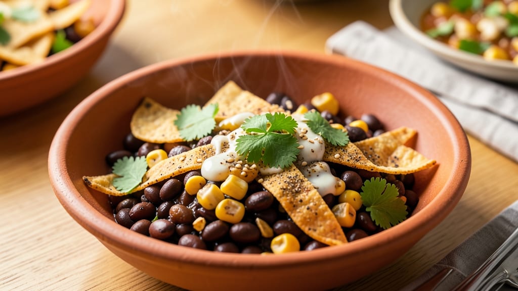 Black Bean Side Dish Recipe Mexican: Crispy Tortilla Crowns Over Smoky Cumin Base
