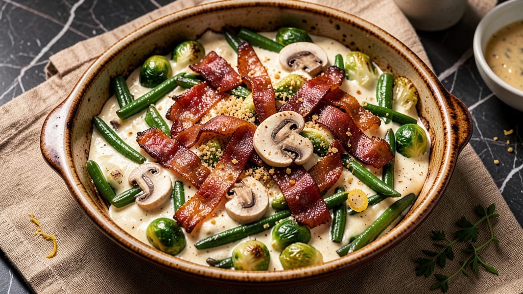 Bacon-Brussels Sprout-Green Bean Casserole Recipe: Crispy Top, Smoky Bacon, and Creamy Mushroom Layers