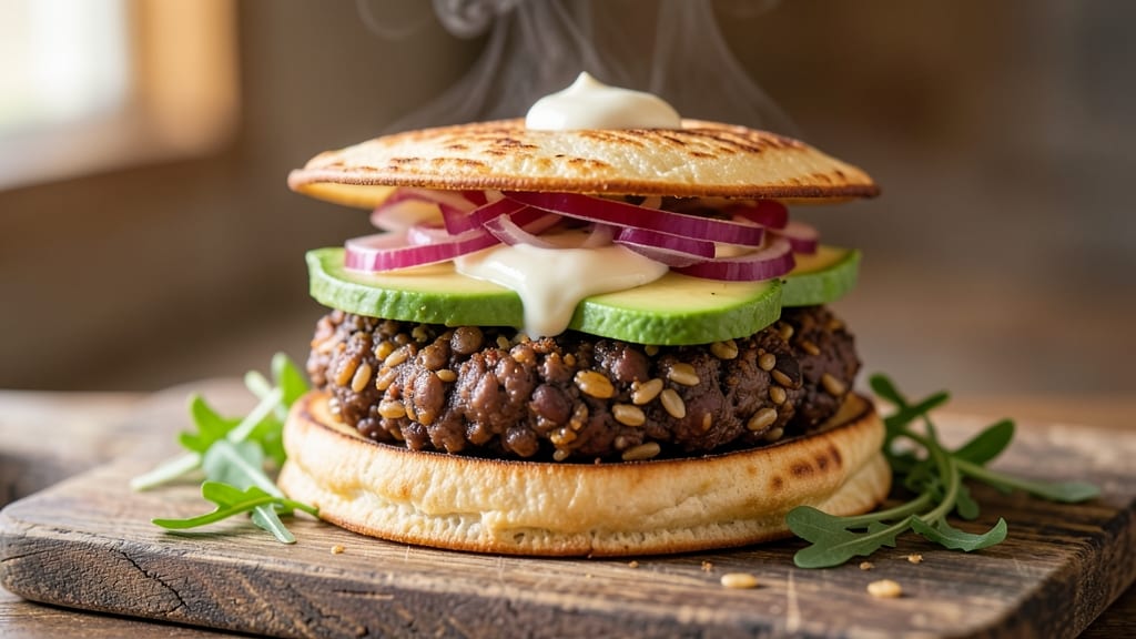 Black Bean and Wild Rice Burger Recipe: Crispy Tortilla-Crusted, Hearty Veggie Stack