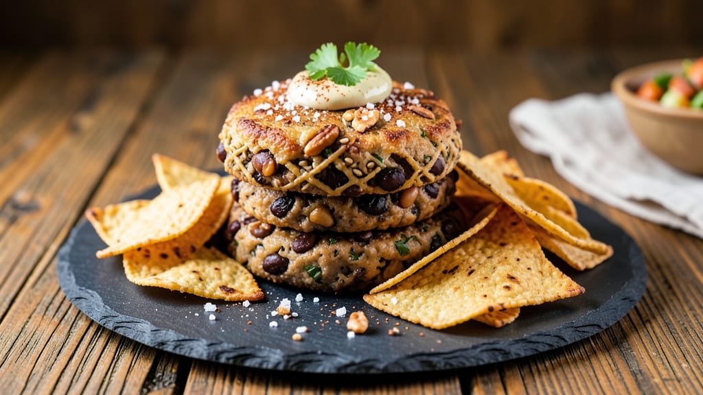 Bean and Nut Burger Recipe: Tortilla-Crusted Texture Meets Hearty Black Bean and Walnut Filling
