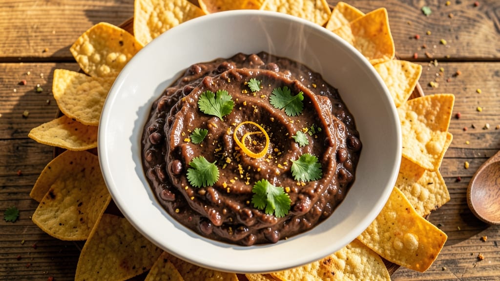 Black Bean and Cream Cheese Dip Recipe: Crunchy Tortilla Crowns Over Velvety Spiced Base