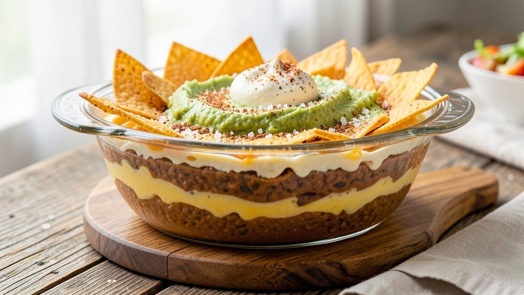 7 Layer Mexican Bean Dip Recipe: Crunchy Tortilla Crowns Over Creamy Spiced Layers