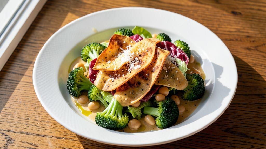 Broccoli and White Bean Caesar Salad Recipe: Crispy Tortilla Crowns Over Creamy Parmesan Base