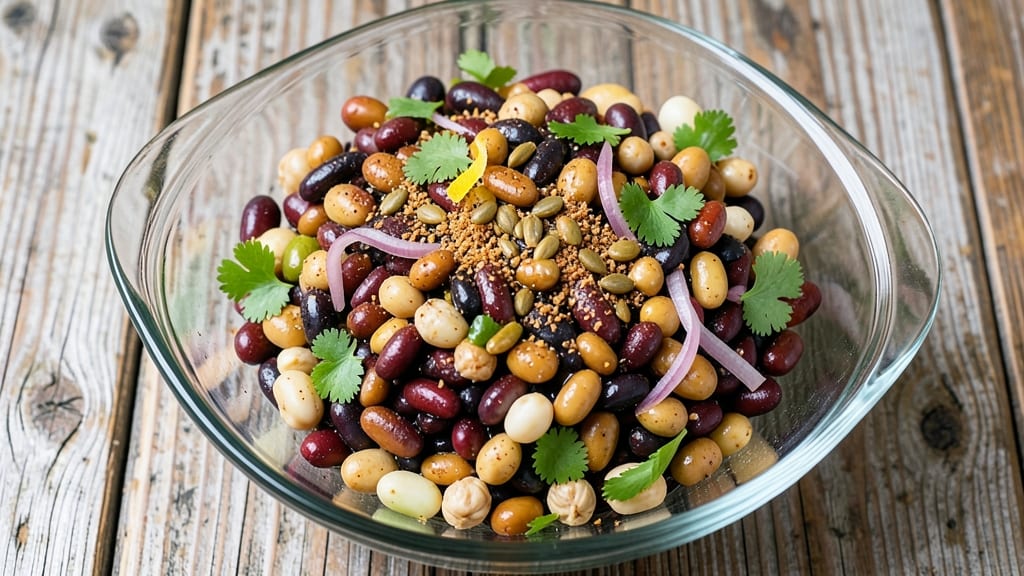9 Bean Salad Recipe: Crunchy Tortilla Crowns Over Creamy Spiced Beans