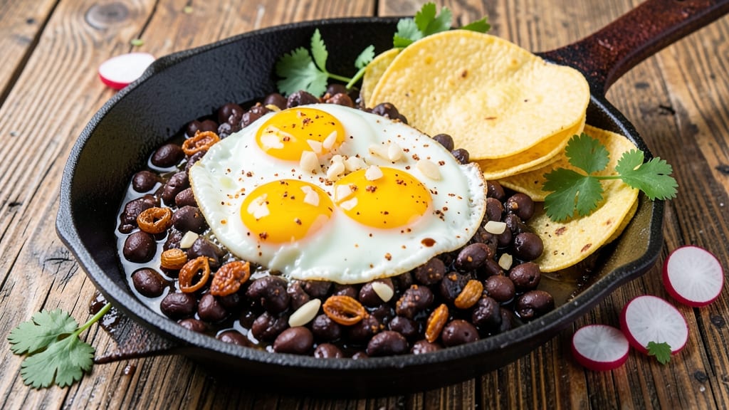 Black Bean Huevos Rancheros Recipe: Crispy Tortilla Crowns Over Zesty Lime Cream Sauce