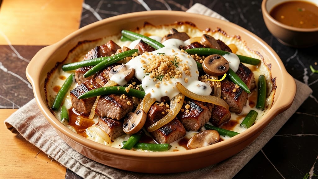 Beef and Green Beans Casserole Recipe: Cheesy Crunch Top With Tender Beef Bites