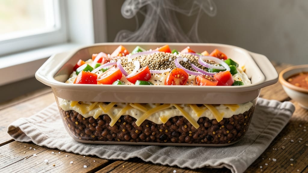 Baked Layered Bean Dip Recipe: Crispy Tortilla Crowns Over Creamy Cumin Cheese
