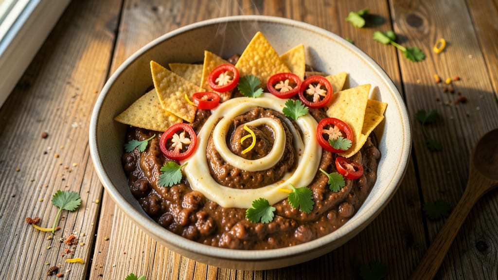 Bean Nacho Dip Recipe: Crispy Tortilla Topping Over Creamy Cheese Base