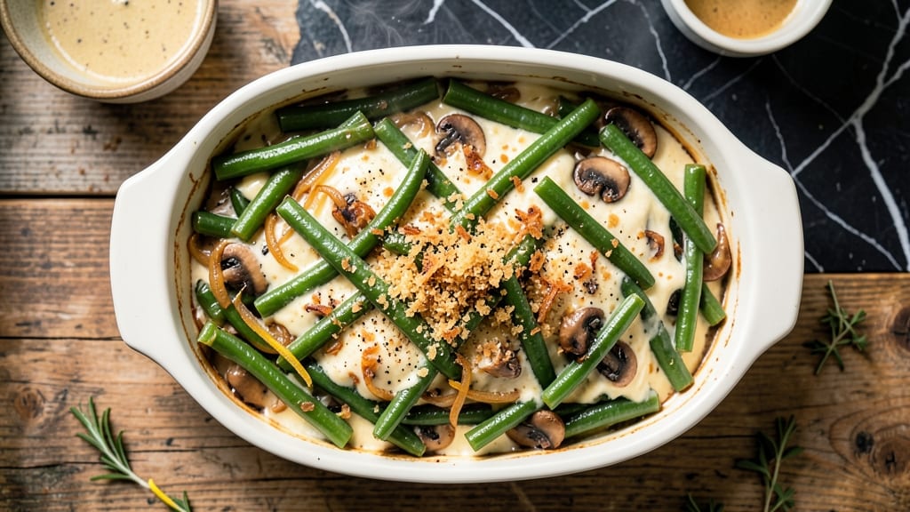 Better Than Bouillon Green Bean Casserole Recipe: Crispy Onion Rings Over Creamy Mushroom Sauce