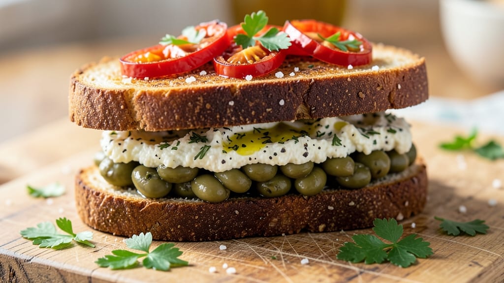 Broad Bean Sandwich Recipe: Crispy Tortilla Crowns Over Creamy Herb Spread