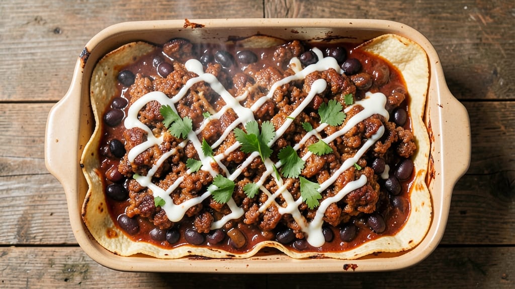 Beef and Black Bean Enchilada Casserole Recipe: Crispy Tortilla Crowns Over Melty Cheese Rivers